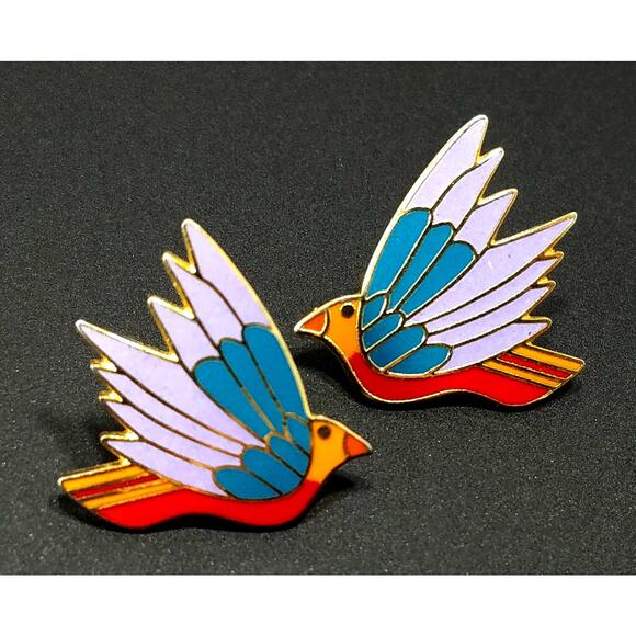 Laurel Burch "Celeste" Bird Earrings, Gold Plated Cloisonne Enamel, 1980s - Picture 9 of 10